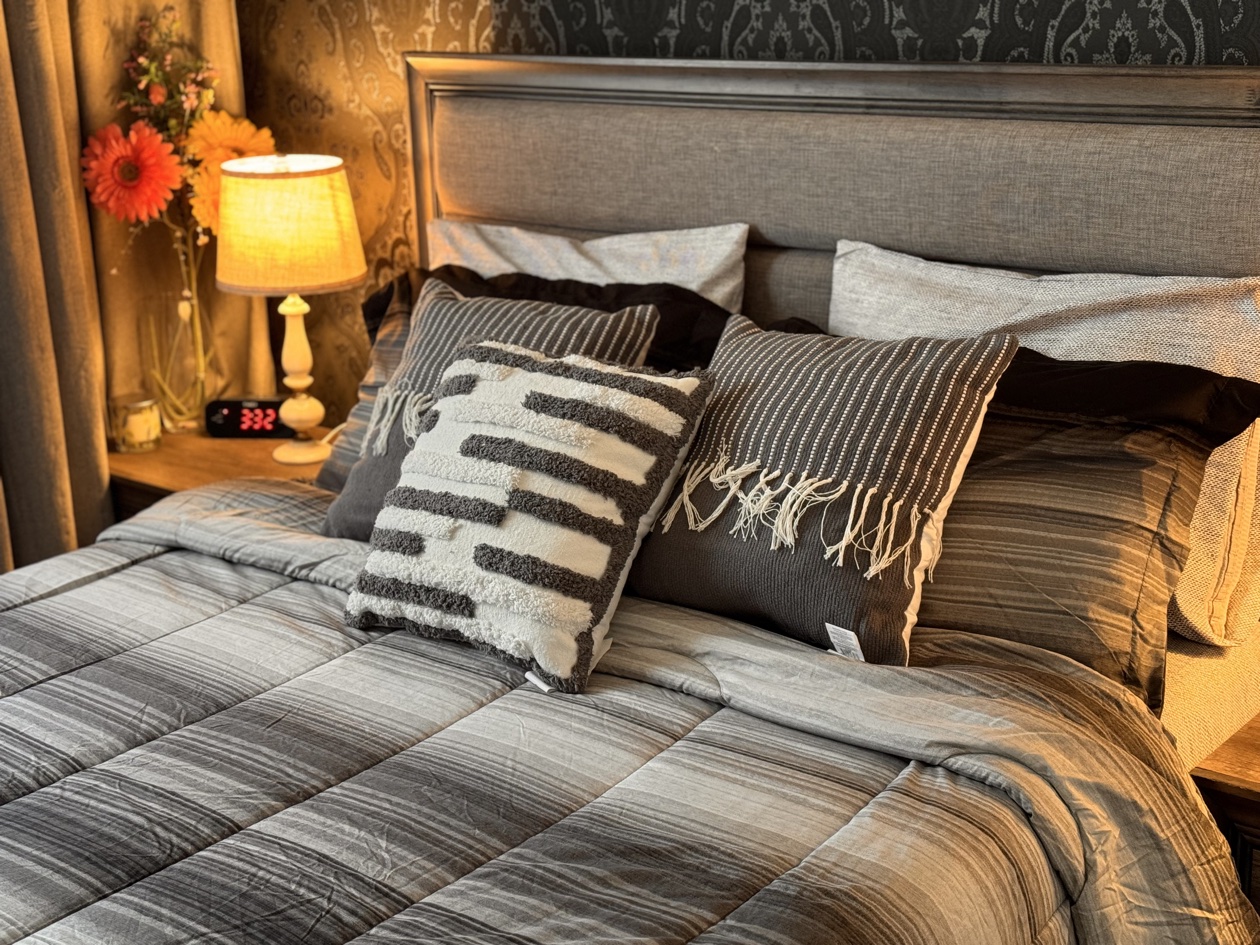 A neatly made double bed with a blue-green quilt, a warm bedside lamp, and fresh flowers on the nightstand at Z FamilyHome Suites